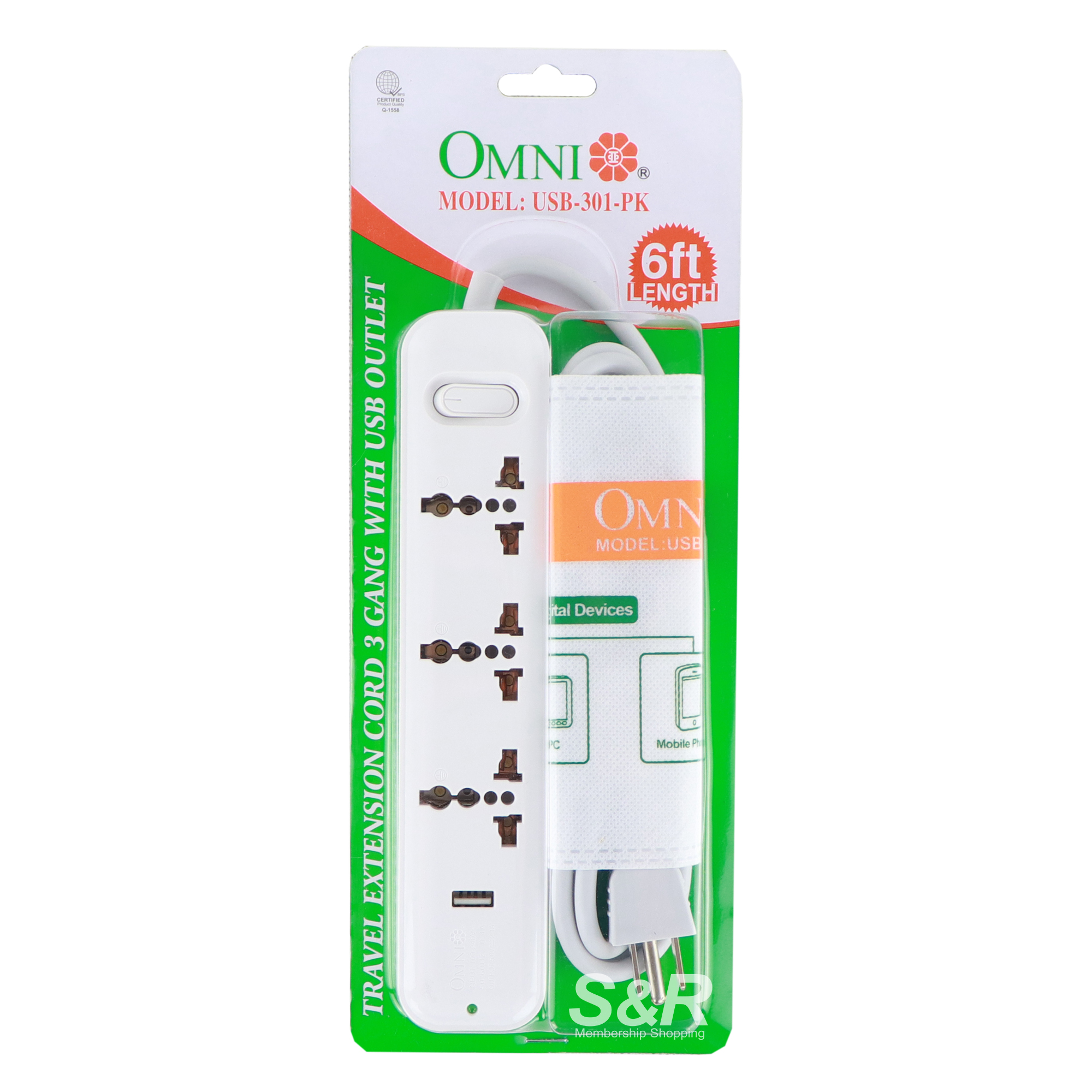 Omni 3-Gang and 1 USB Port Extension Cord with Switch USB-301-PK 1pc